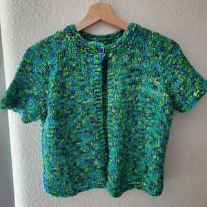 Short sleeve green blue cardigan sweater with jewel button